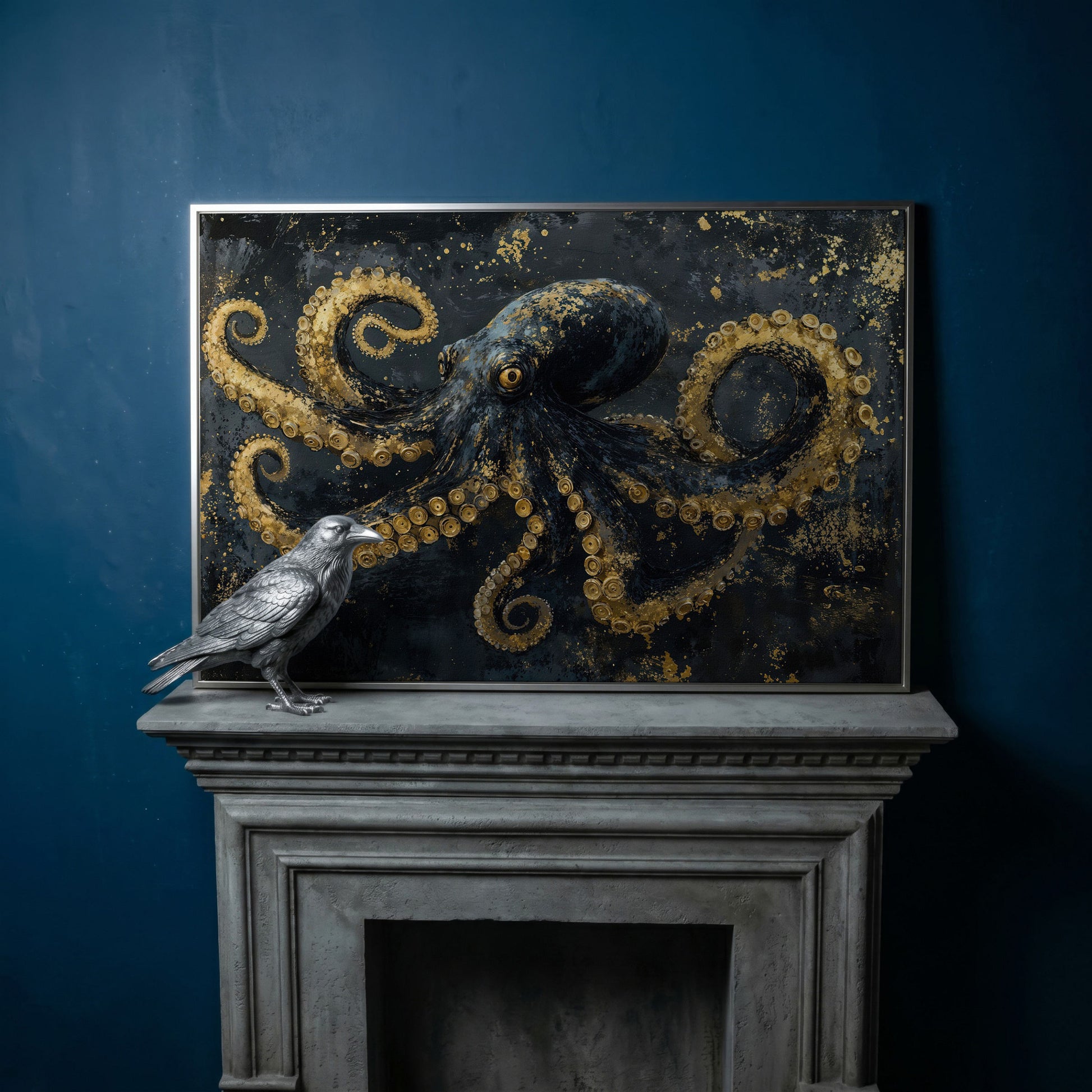 Dark Octopus Canvas Wall Art. Gothic Deep Sea Creature Print in silver floating frame