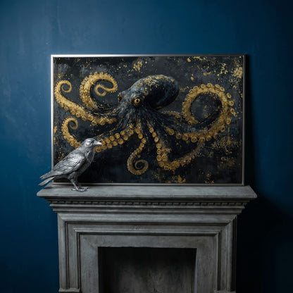 Dark Octopus Canvas Wall Art. Gothic Deep Sea Creature Print in silver floating frame