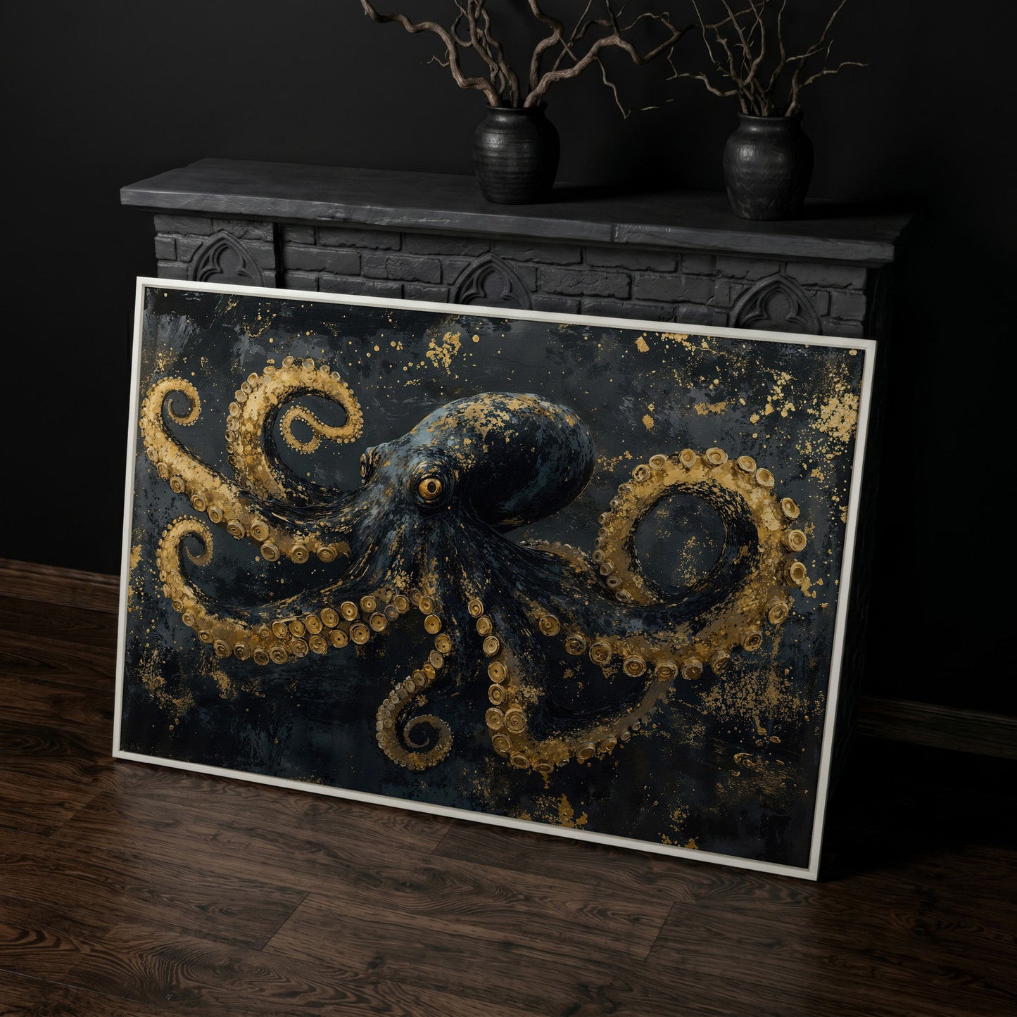 Dark Octopus Canvas Wall Art. Gothic Deep Sea Creature Print in white floating frame