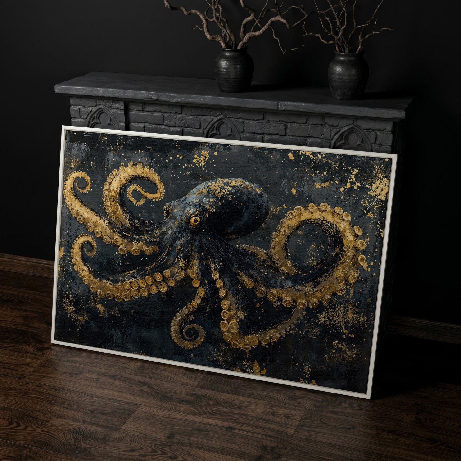 Dark Octopus Canvas Wall Art. Gothic Deep Sea Creature Print in white floating frame
