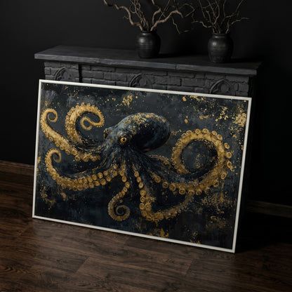 Dark Octopus Canvas Wall Art. Gothic Deep Sea Creature Print in white floating frame