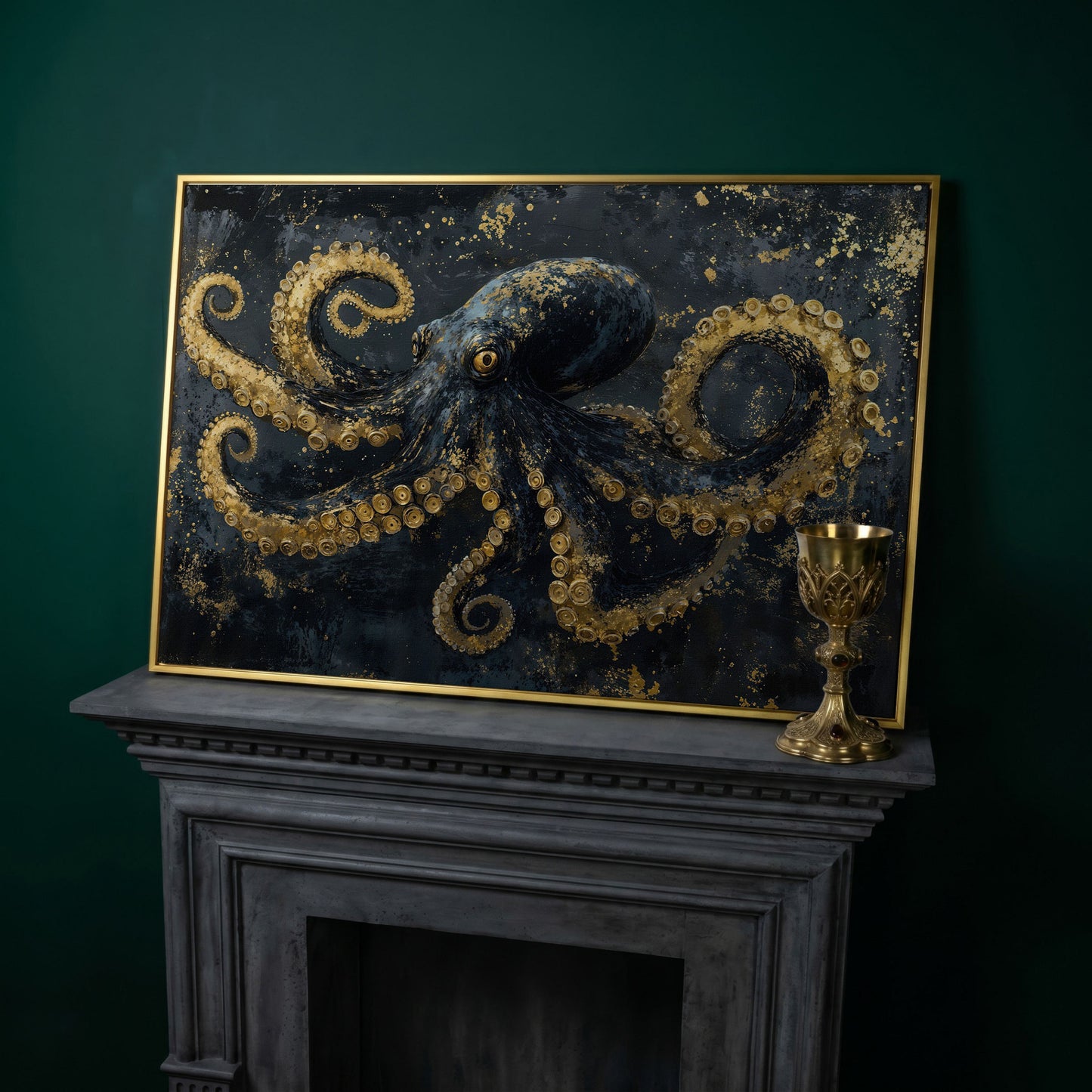 Dark Octopus Canvas Wall Art. Gothic Deep Sea Creature Print in yellow gold floating frame