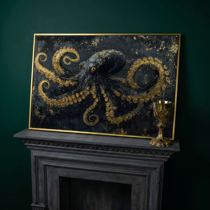 Dark Octopus Canvas Wall Art. Gothic Deep Sea Creature Print in yellow gold floating frame
