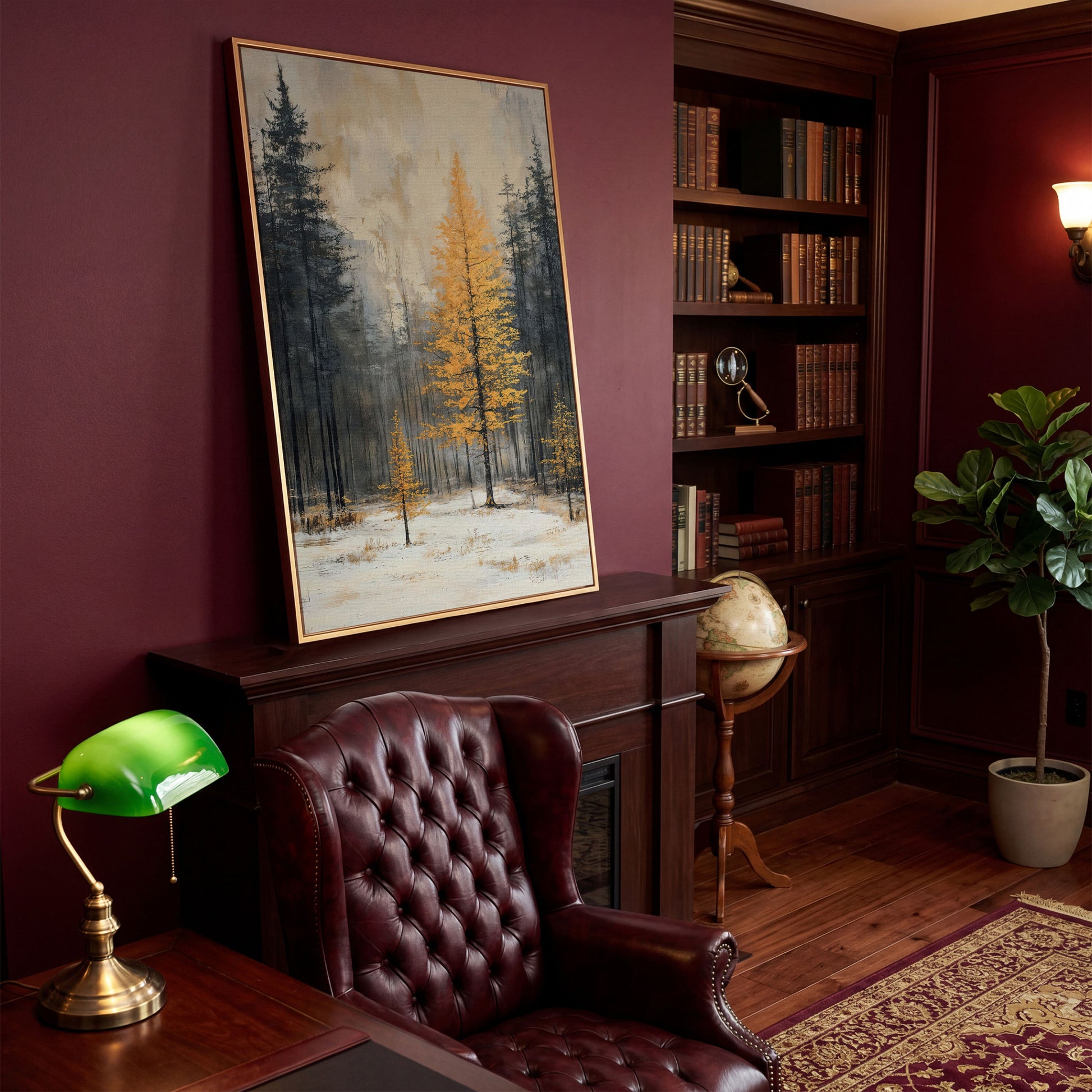 Winter Forest with Burnt Orange Tree Canvas in antique gold floating frame