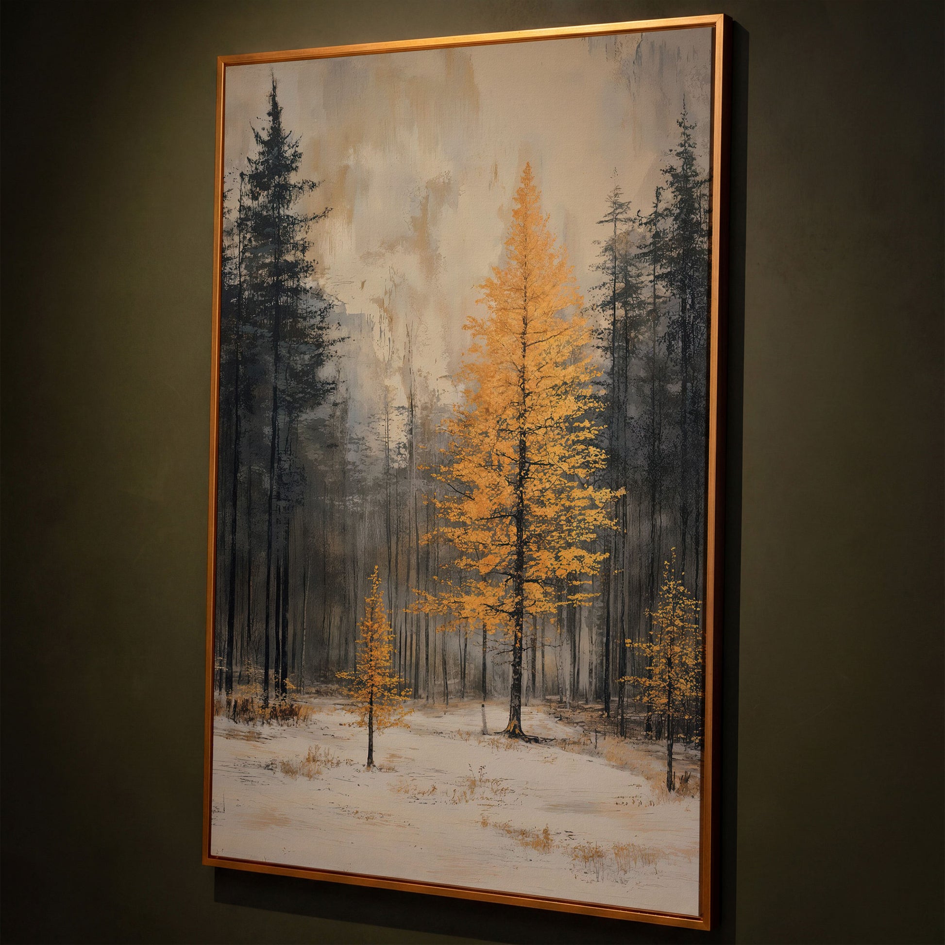 Winter Forest with Burnt Orange Tree Canvas shown in antique gold floating frame