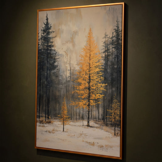 Winter Forest with Burnt Orange Tree Canvas shown in antique gold floating frame