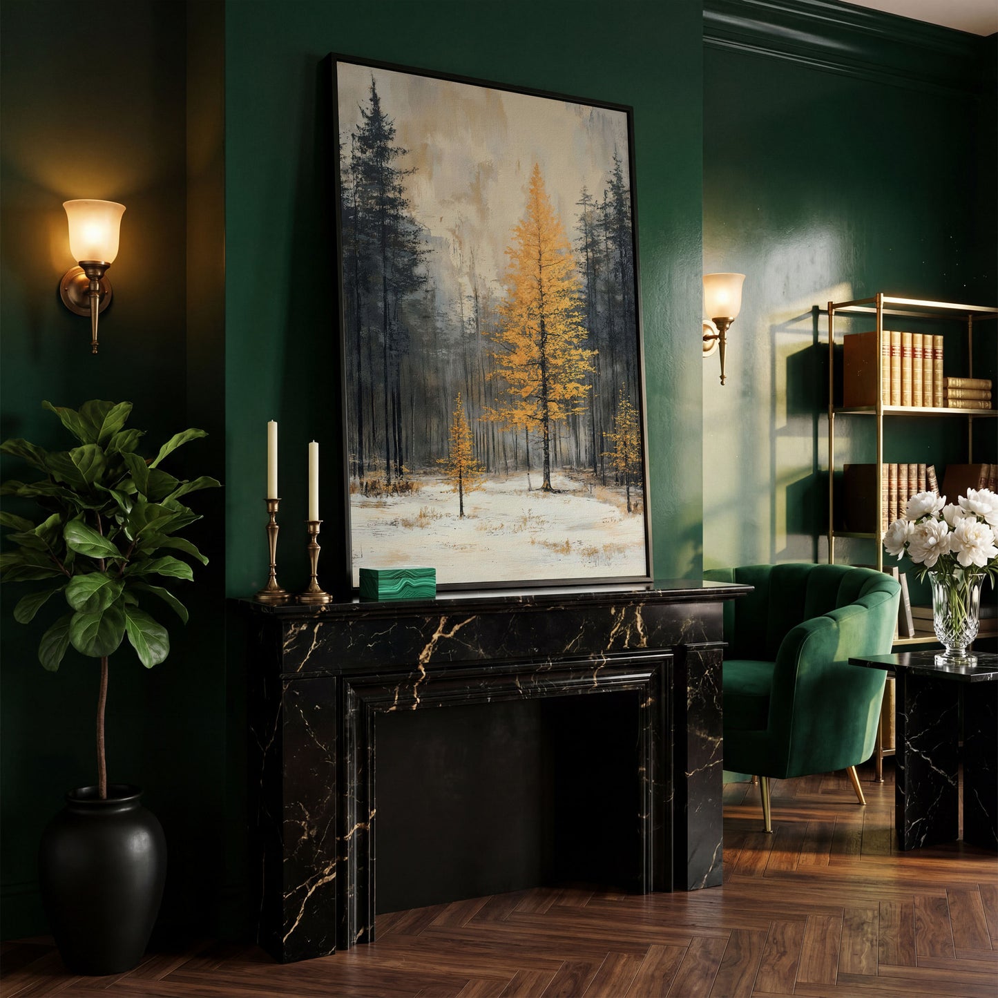 Winter Forest with Burnt Orange Tree Canvas in black floating frame