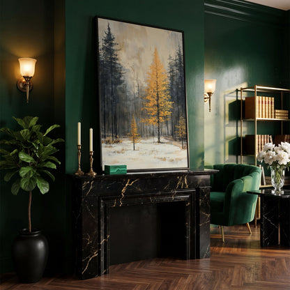 Winter Forest with Burnt Orange Tree Canvas in black floating frame