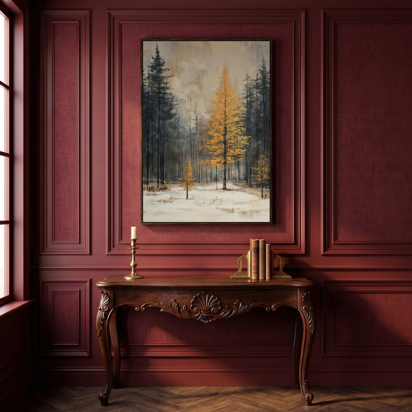 Winter Forest with Burnt Orange Tree Canvas in dark walnut floating frame