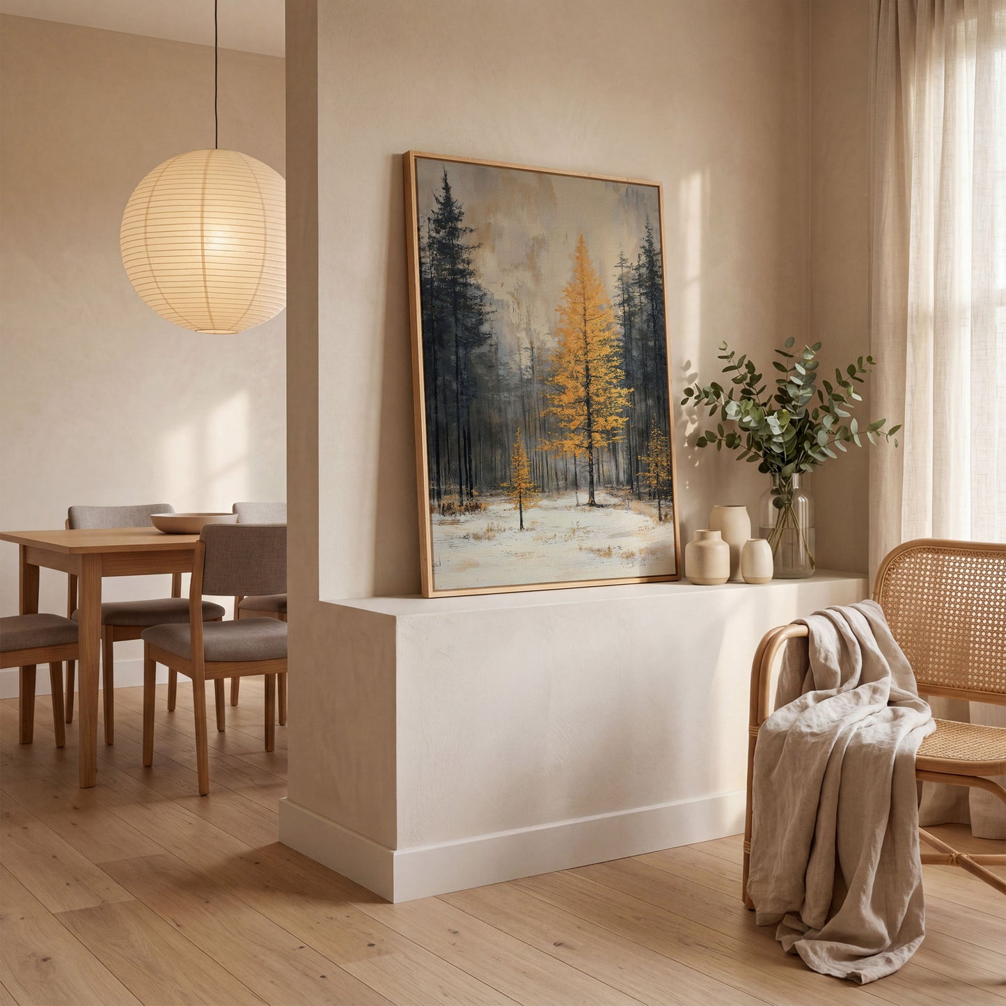 Winter Forest with Burnt Orange Tree Canvas in white oak floating frame