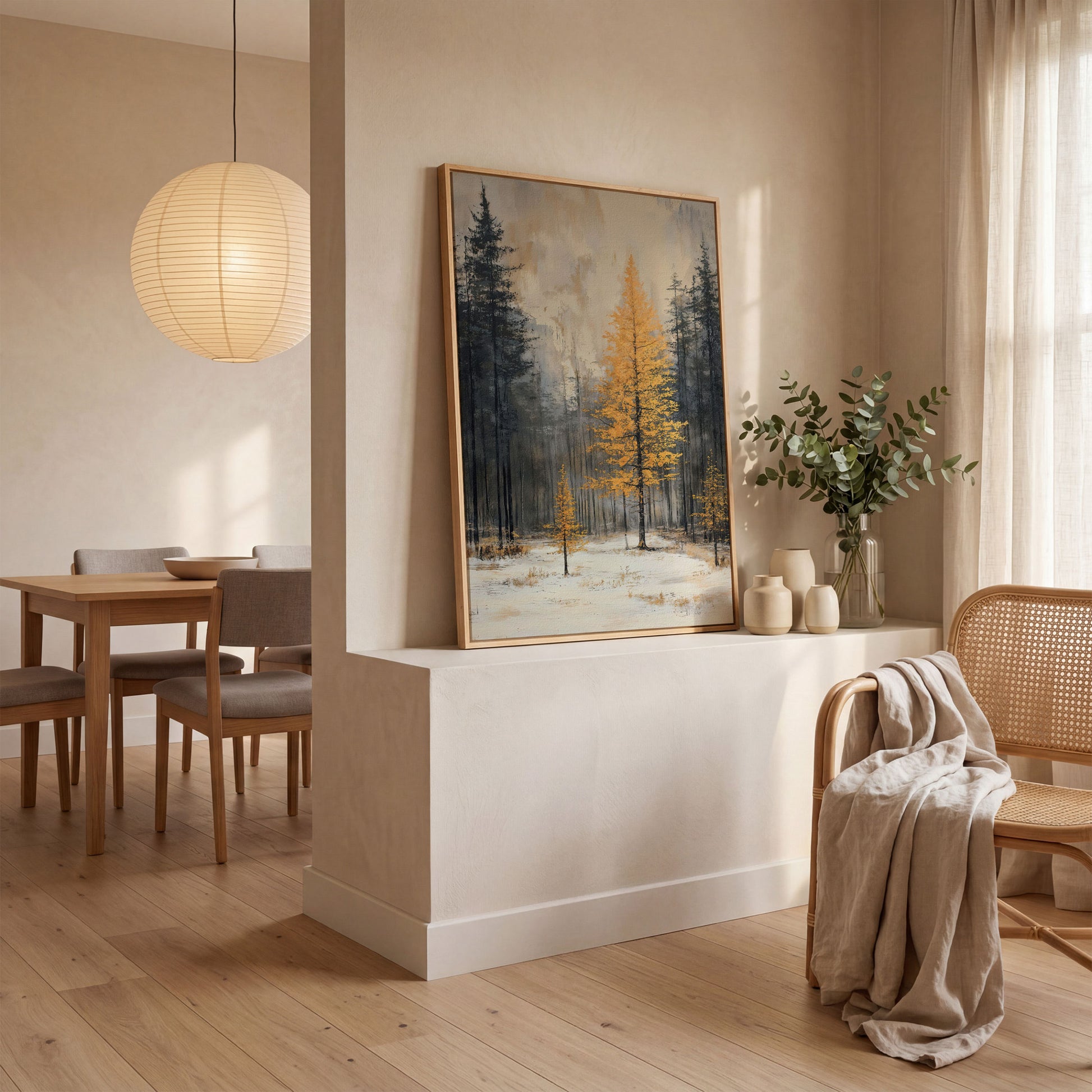 Winter Forest with Burnt Orange Tree Canvas in white oak floating frame