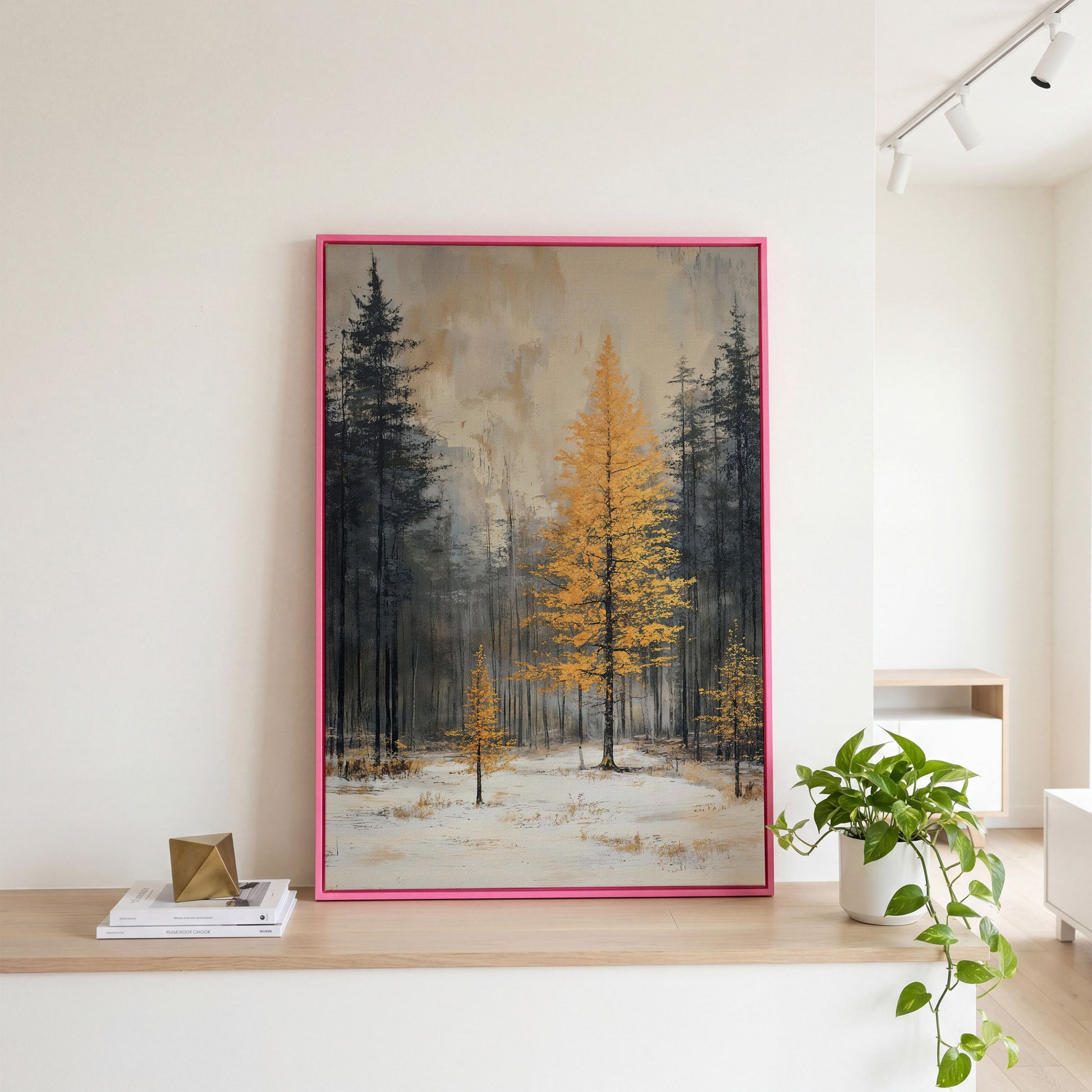Winter Forest with Burnt Orange Tree Canvas in pink floating frame