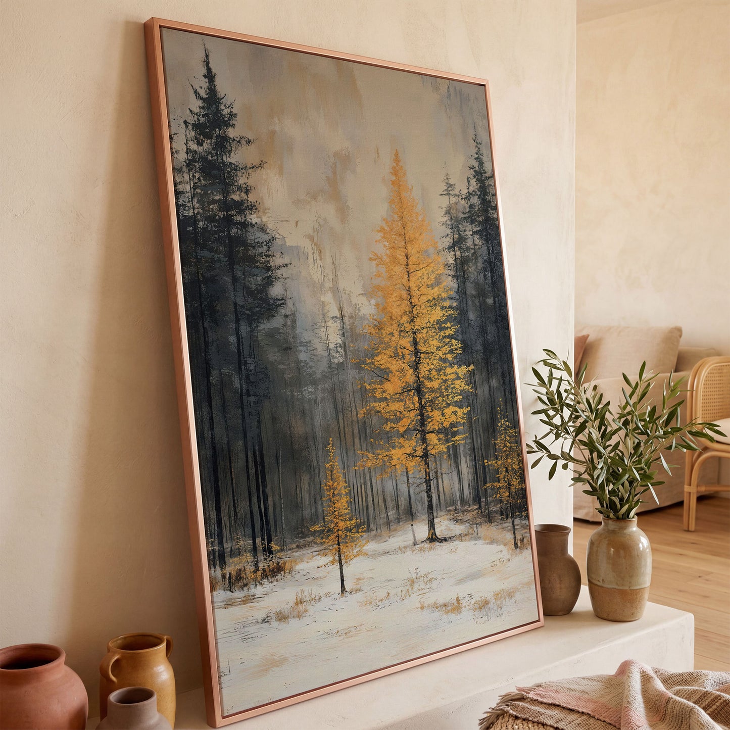 Winter Forest with Burnt Orange Tree Canvas in rose gold floating frame