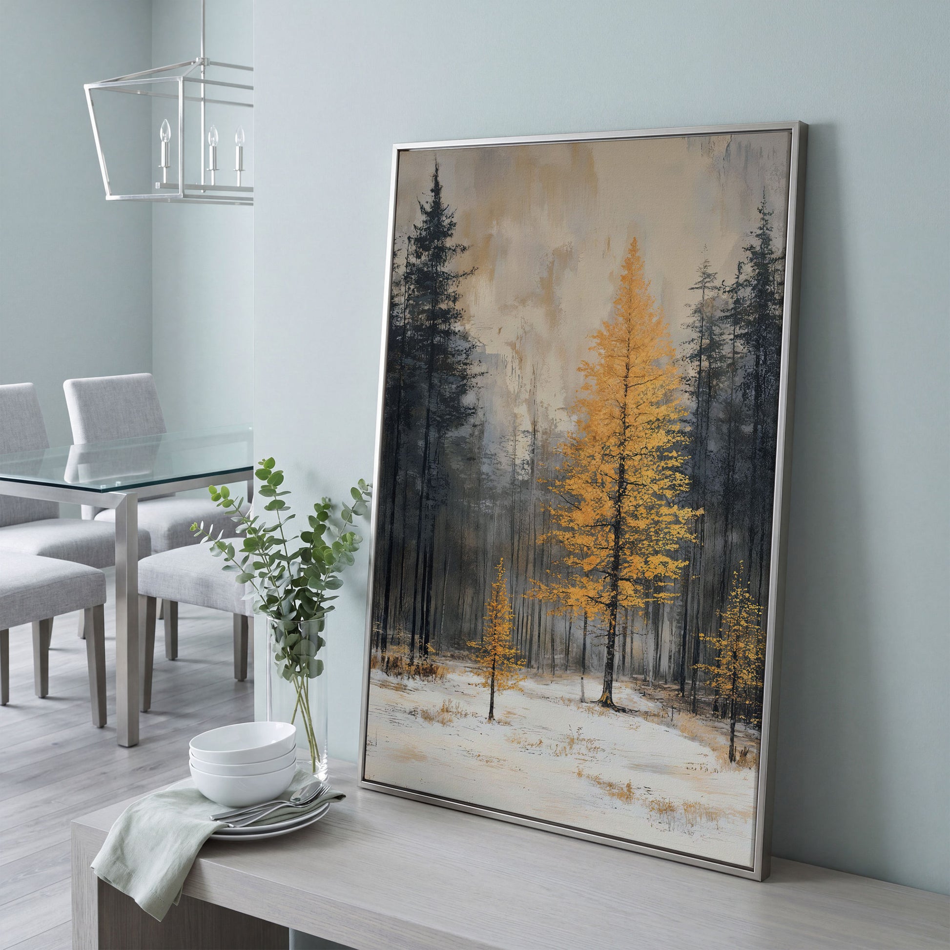 Winter Forest with Burnt Orange Tree Canvas in silver floating frame