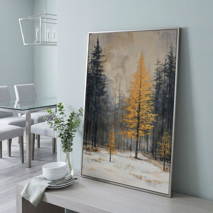 Winter Forest with Burnt Orange Tree Canvas in silver floating frame