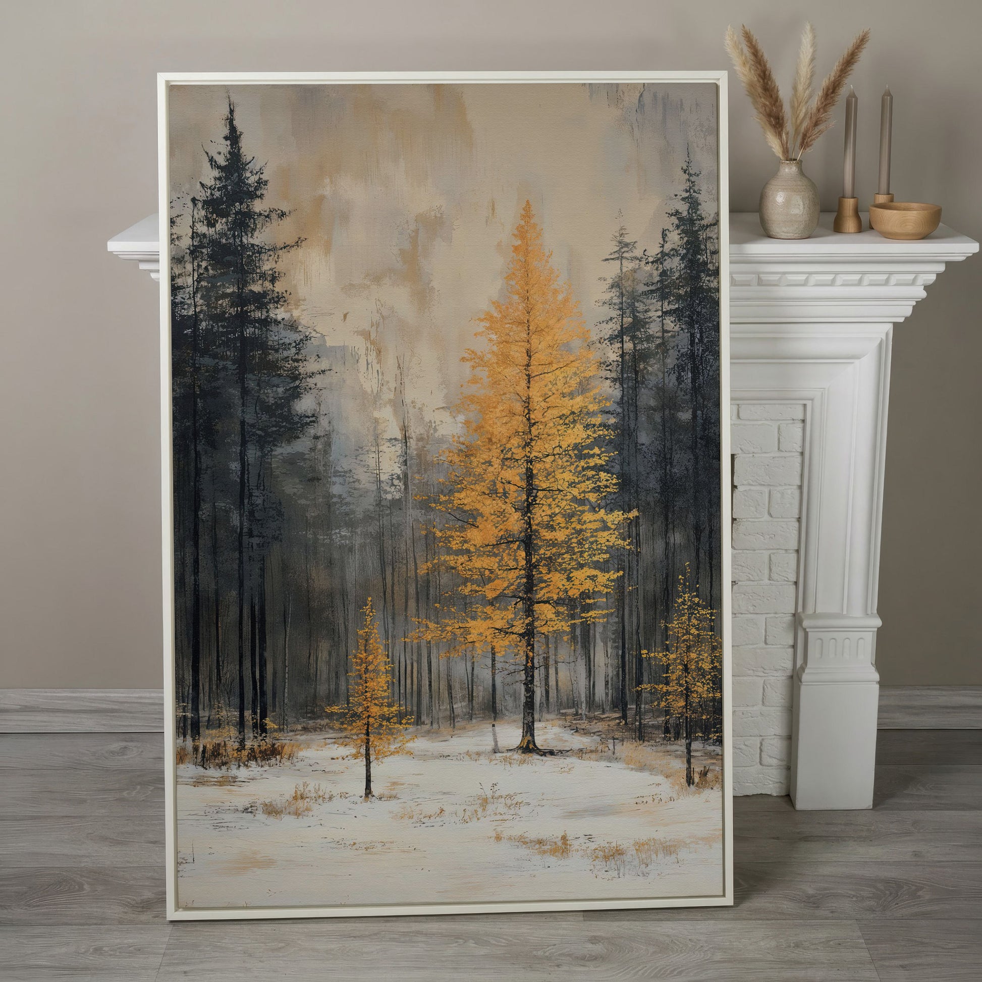 Winter Forest with Burnt Orange Tree Canvas in white floating frame