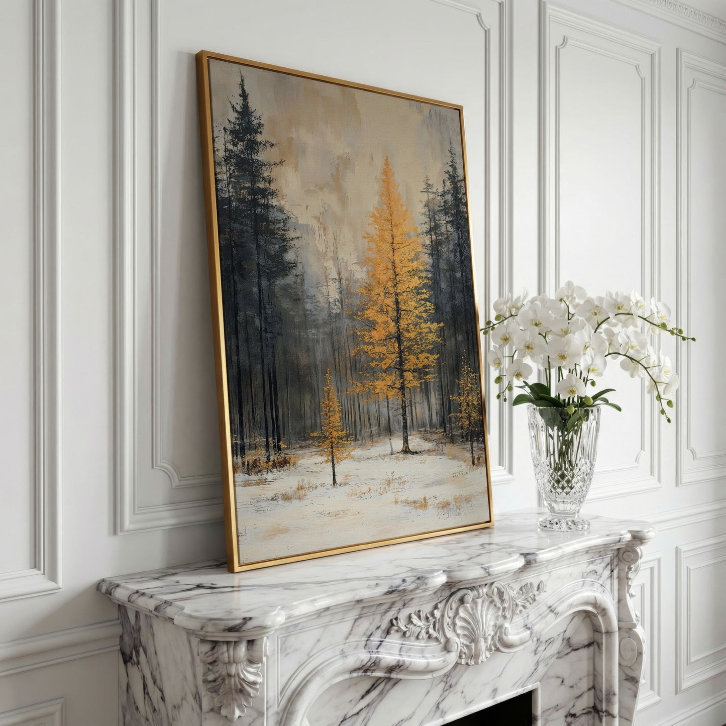 Winter Forest with Burnt Orange Tree Canvas in yellow gold floating frame