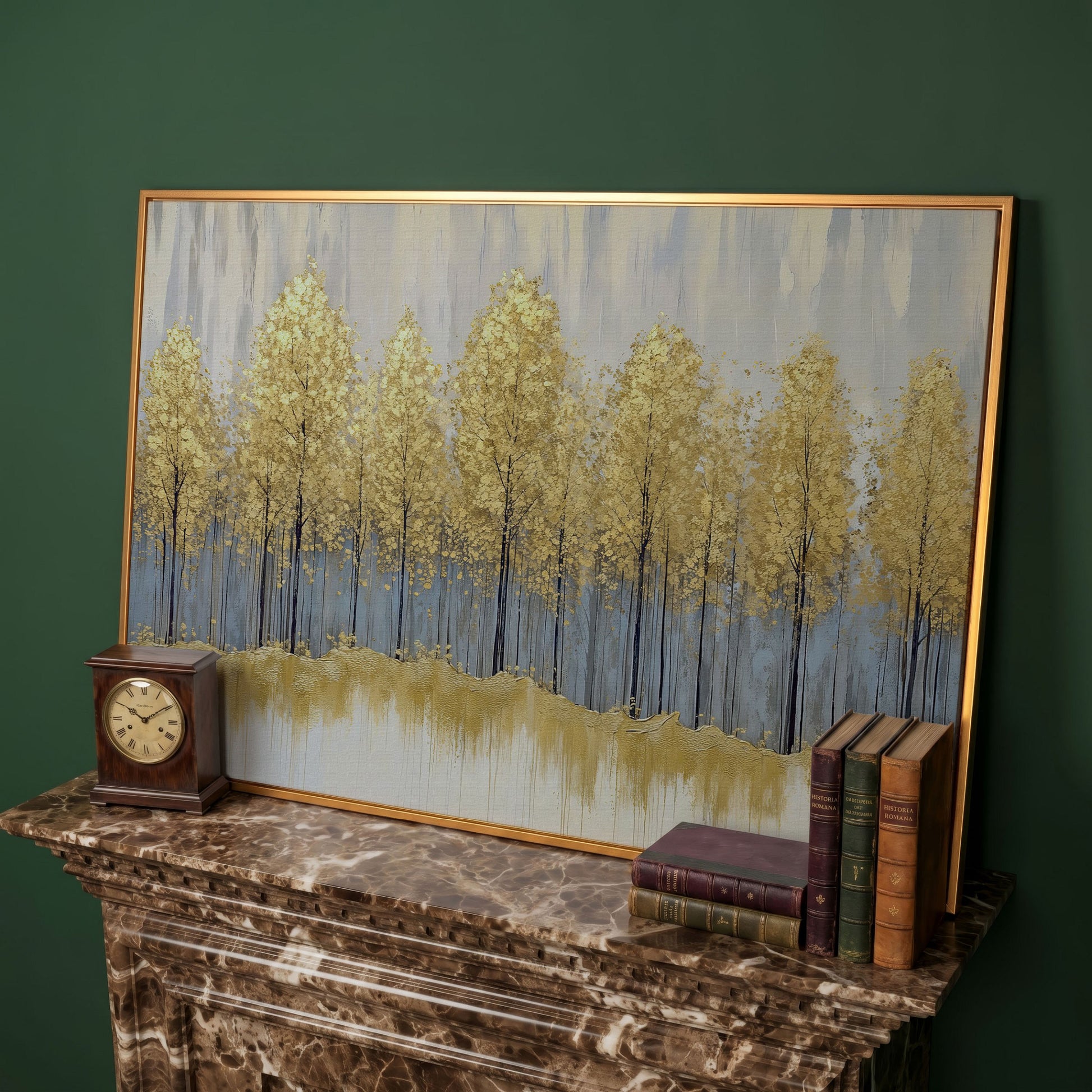 Golden Forest Landscape Canvas Print in antique gold floating frame