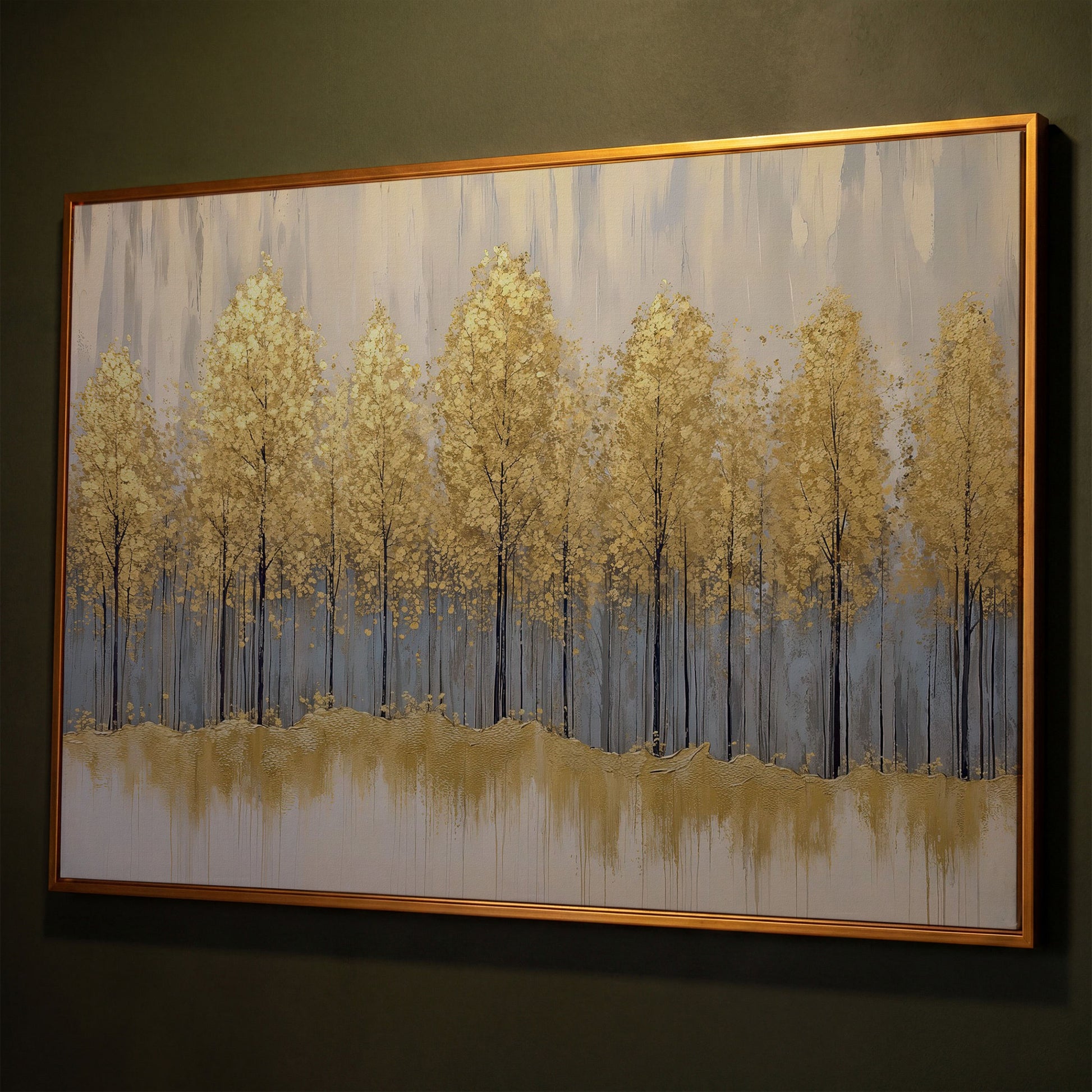 Golden Forest Landscape Canvas Print shown in antique gold floating frame
