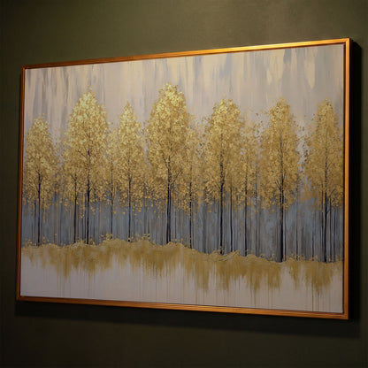 Golden Forest Landscape Canvas Print shown in antique gold floating frame