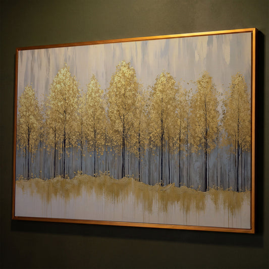 Golden Forest Landscape Canvas Print shown in antique gold floating frame