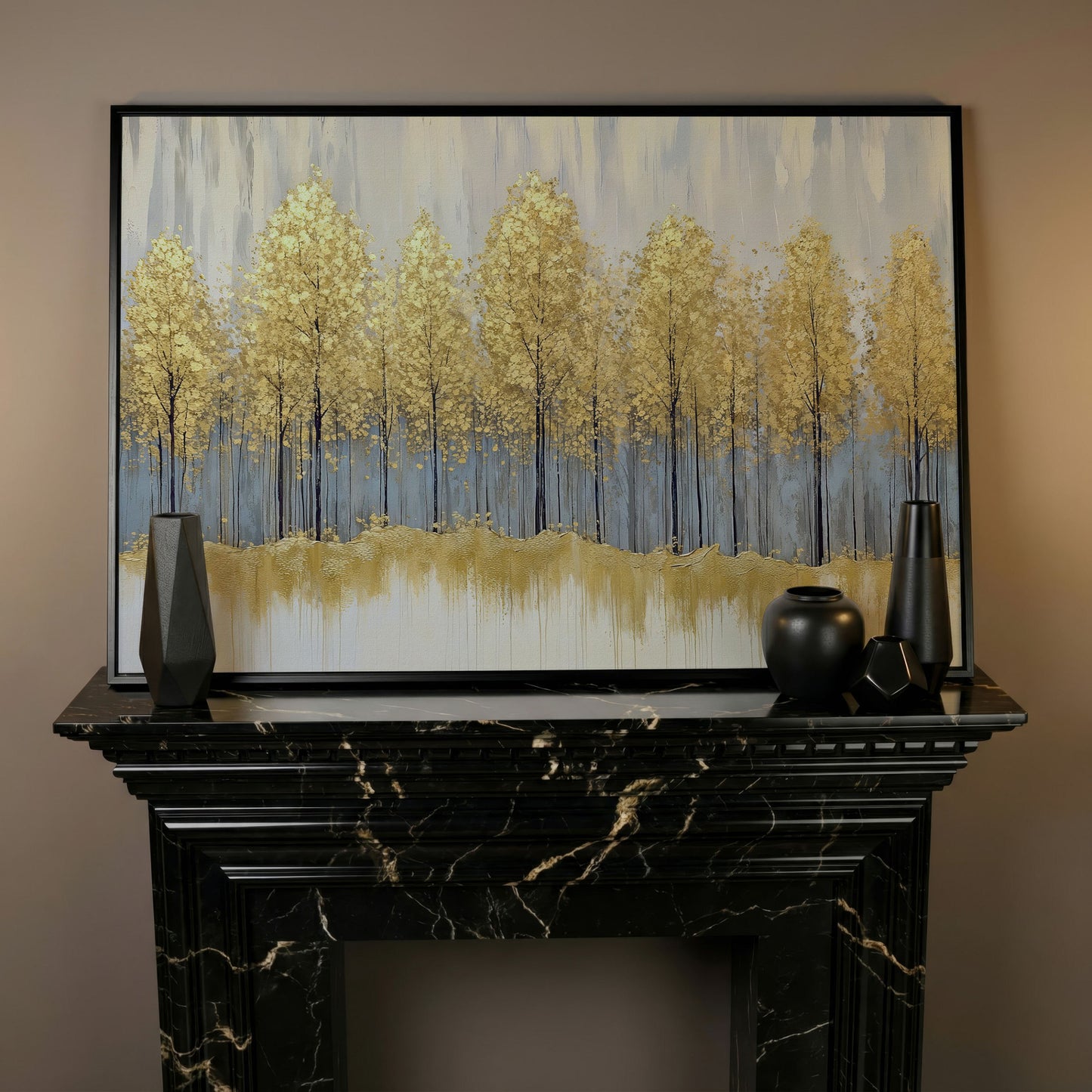 Golden Forest Landscape Canvas Print in black floating frame
