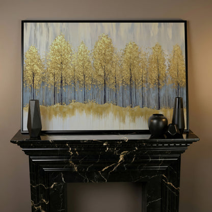 Golden Forest Landscape Canvas Print in black floating frame
