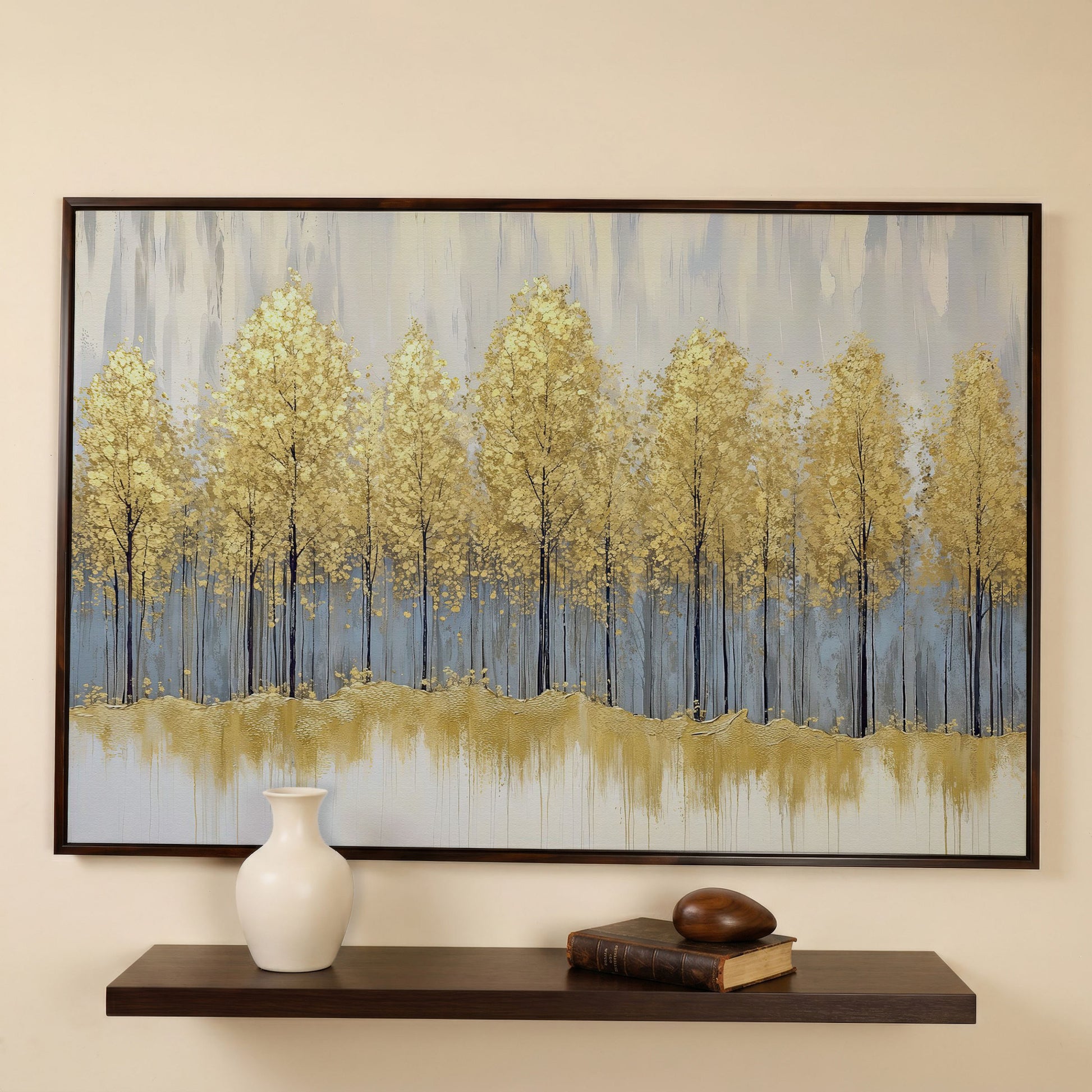 Golden Forest Landscape Canvas Print in dark walnut floating frame