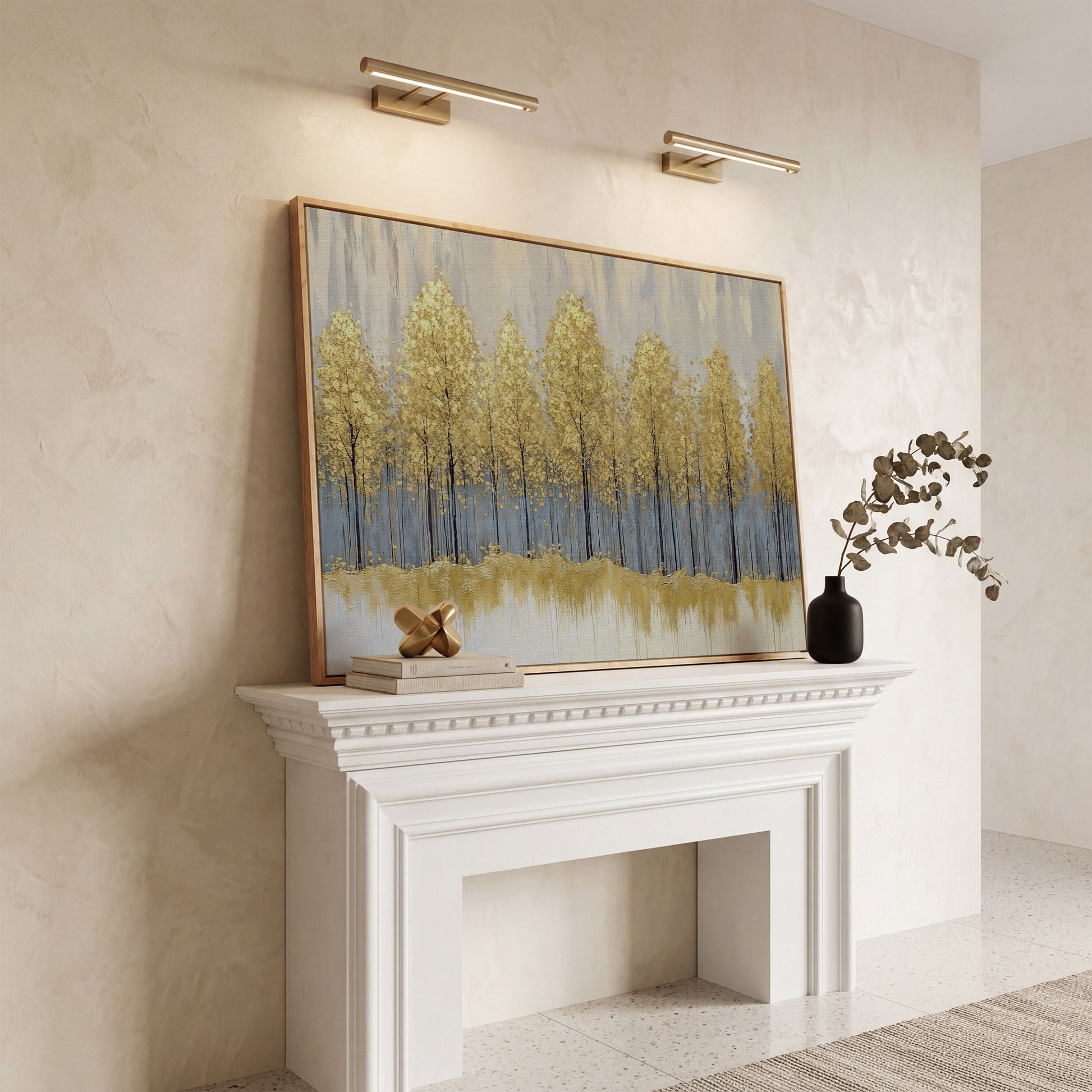 Golden Forest Landscape Canvas Print in white oak floating frame