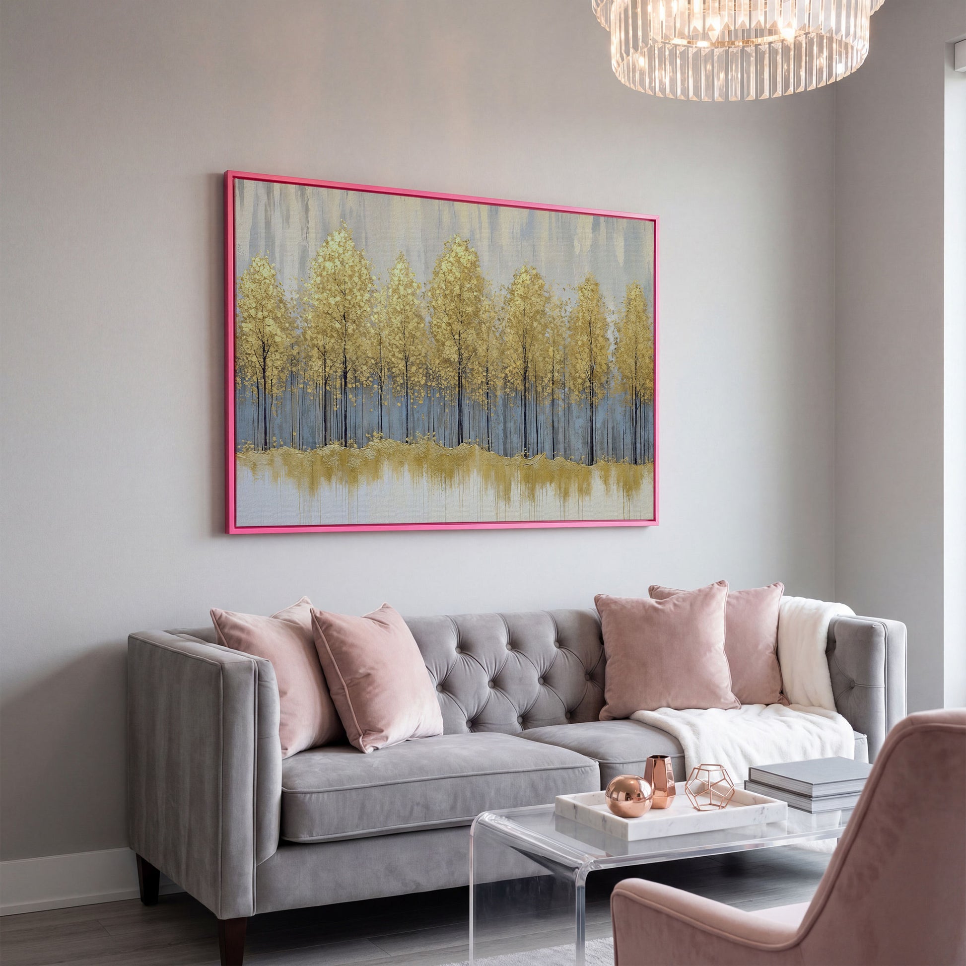 Golden Forest Landscape Canvas Print in pink floating frame