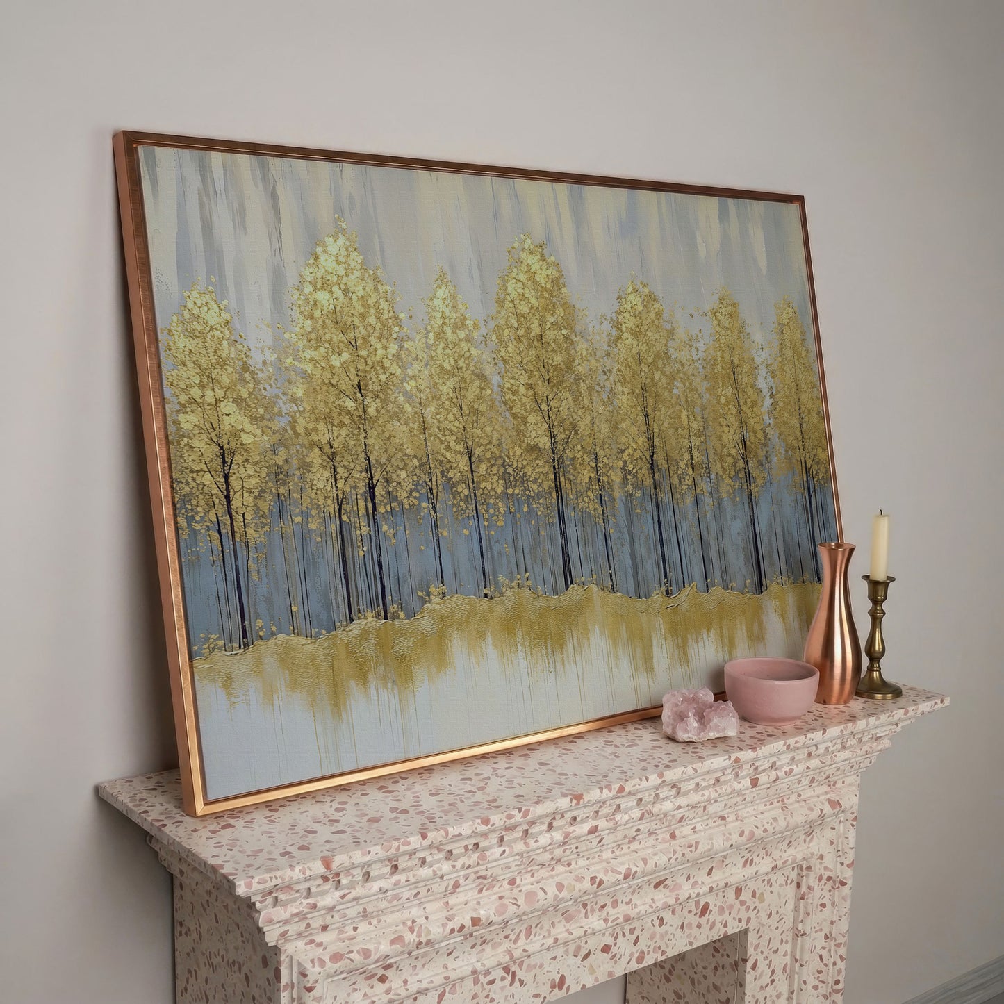 Golden Forest Landscape Canvas Print in rose gold floating frame