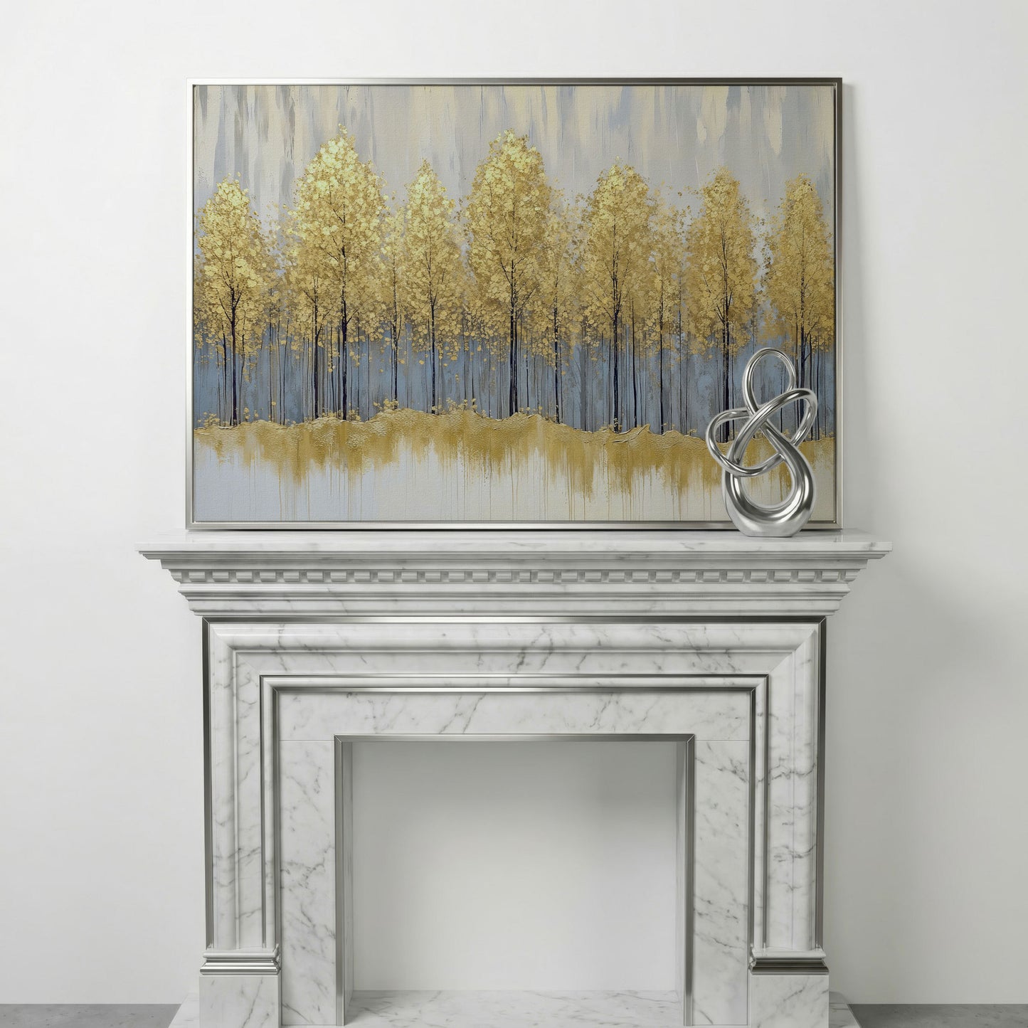 Golden Forest Landscape Canvas Print in silver floating frame