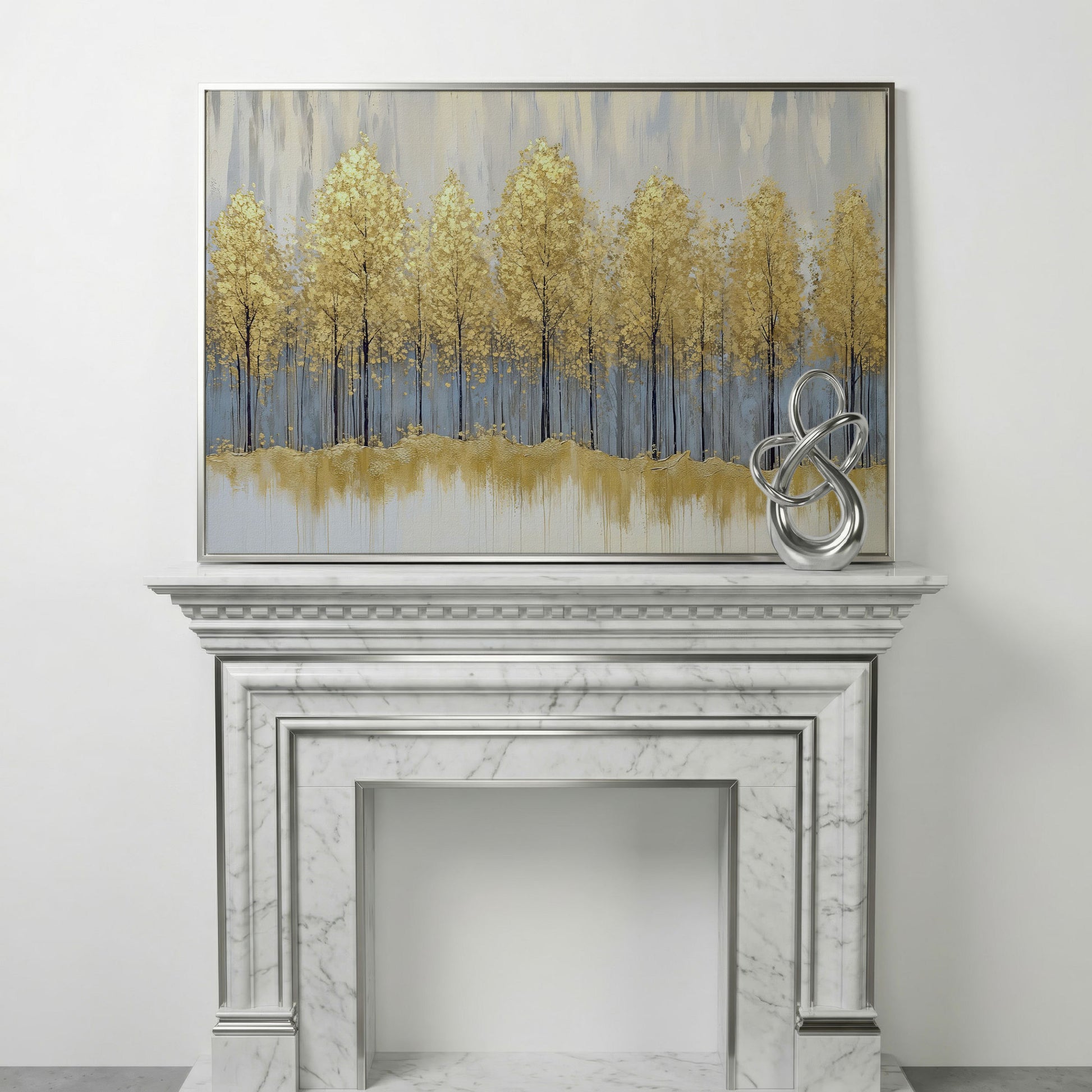 Golden Forest Landscape Canvas Print in silver floating frame