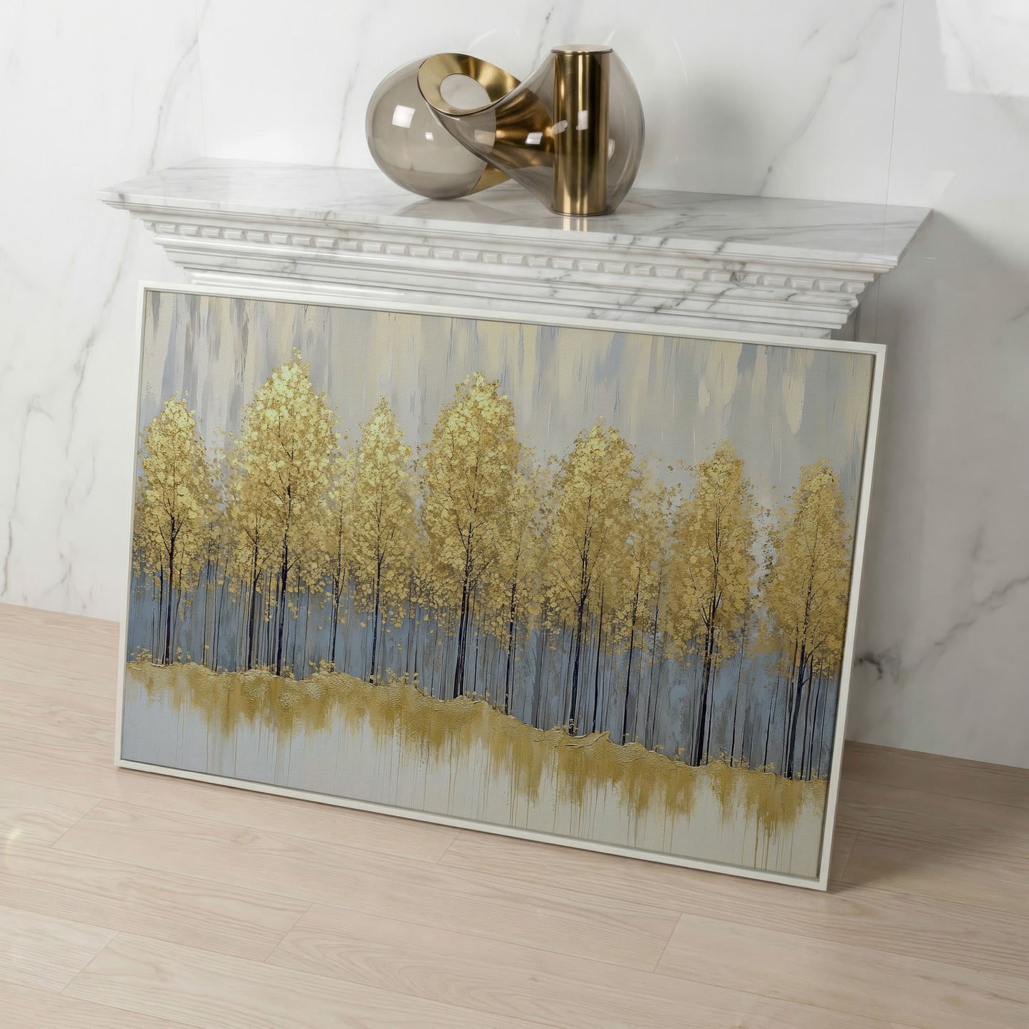 Golden Forest Landscape Canvas Print in white floating frame