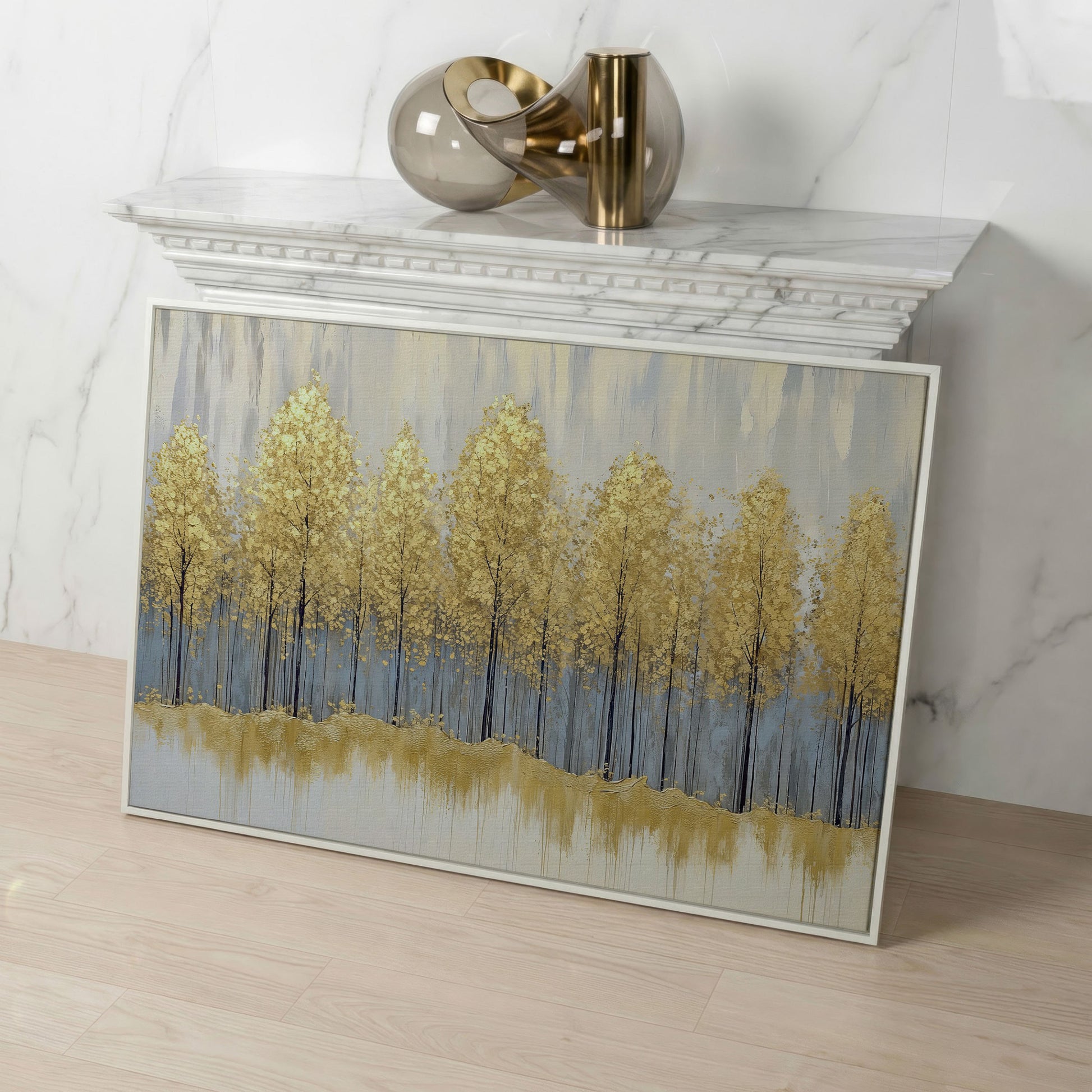 Golden Forest Landscape Canvas Print in white floating frame