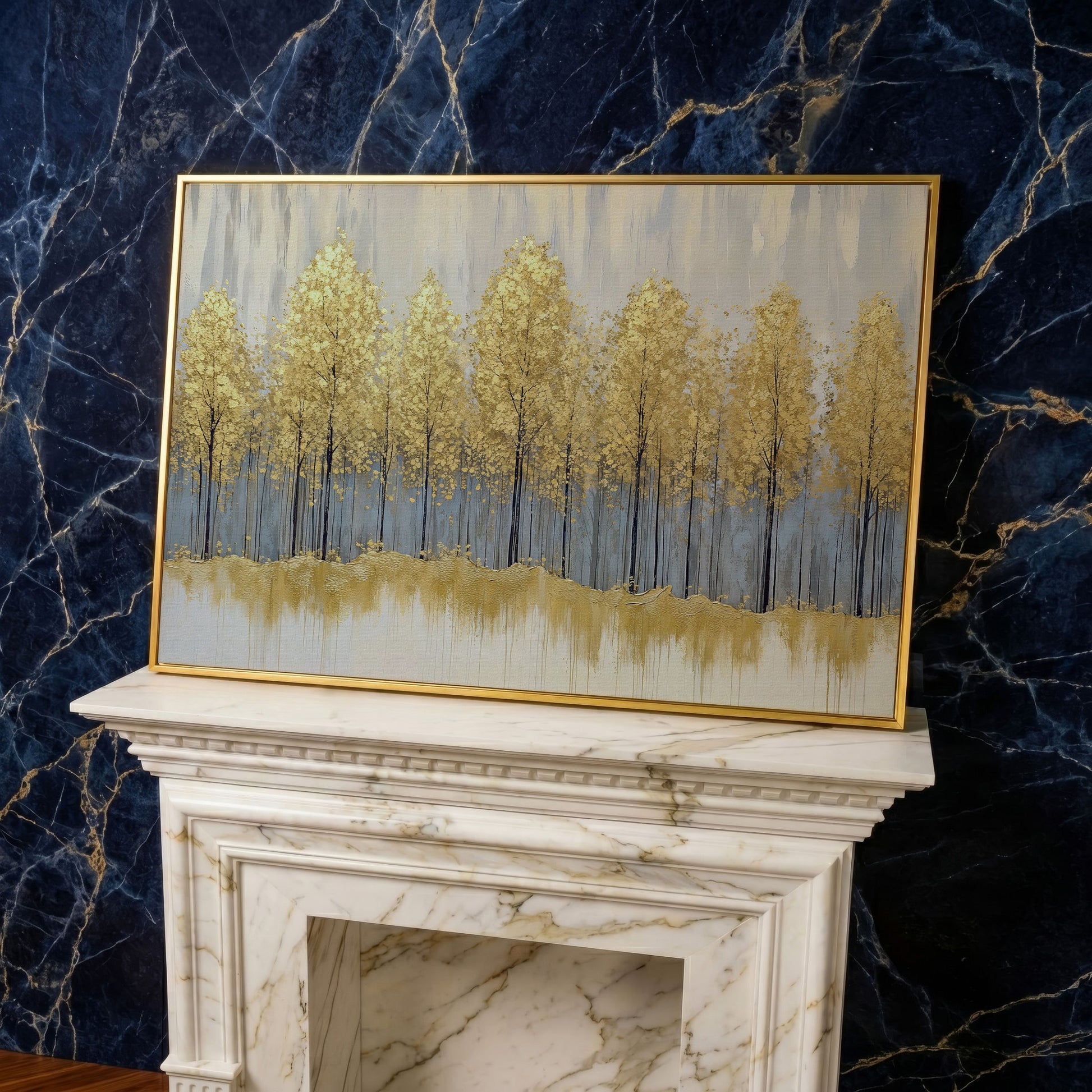 Golden Forest Landscape Canvas Print in yellow gold floating frame