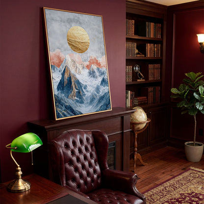 Snowy Mountains with Golden Sun Canvas in antique gold floating frame