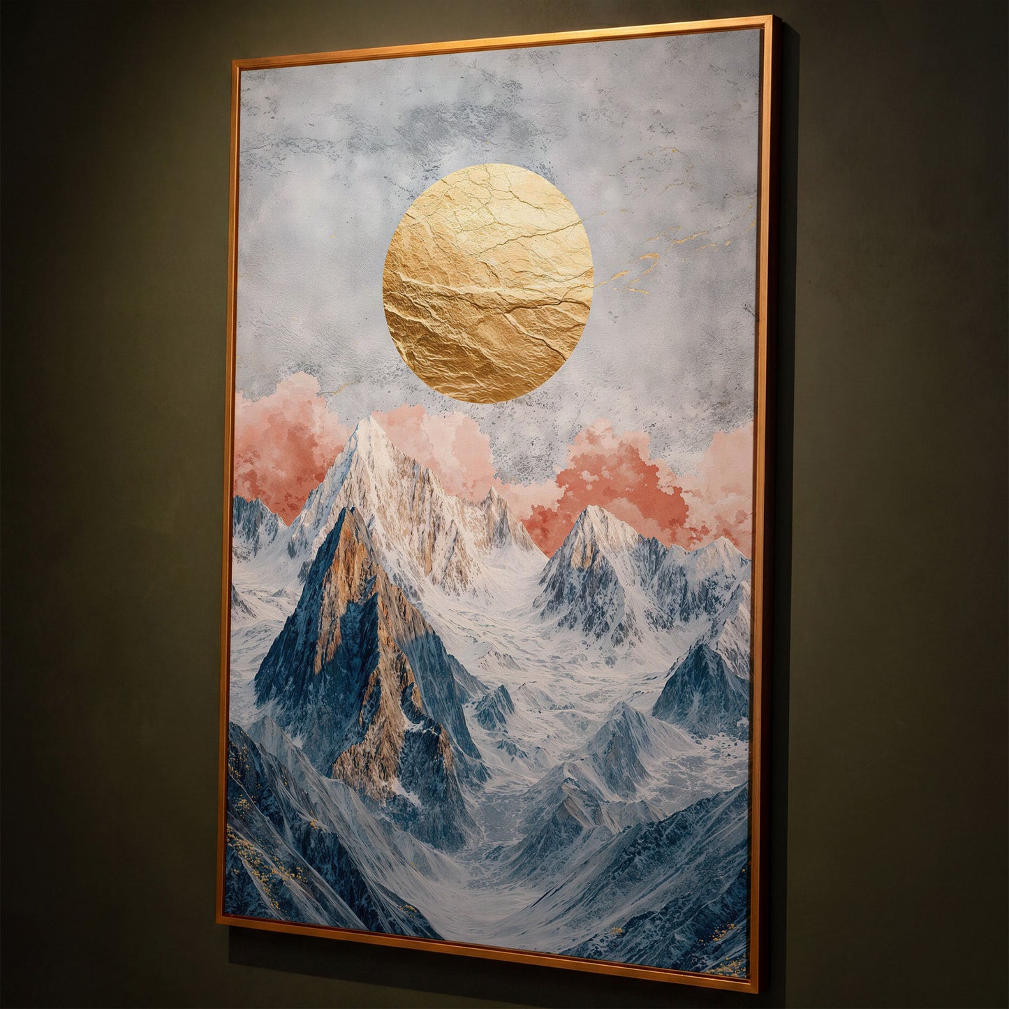 Snowy Mountains with Golden Sun Canvas shown in antique gold floating frame