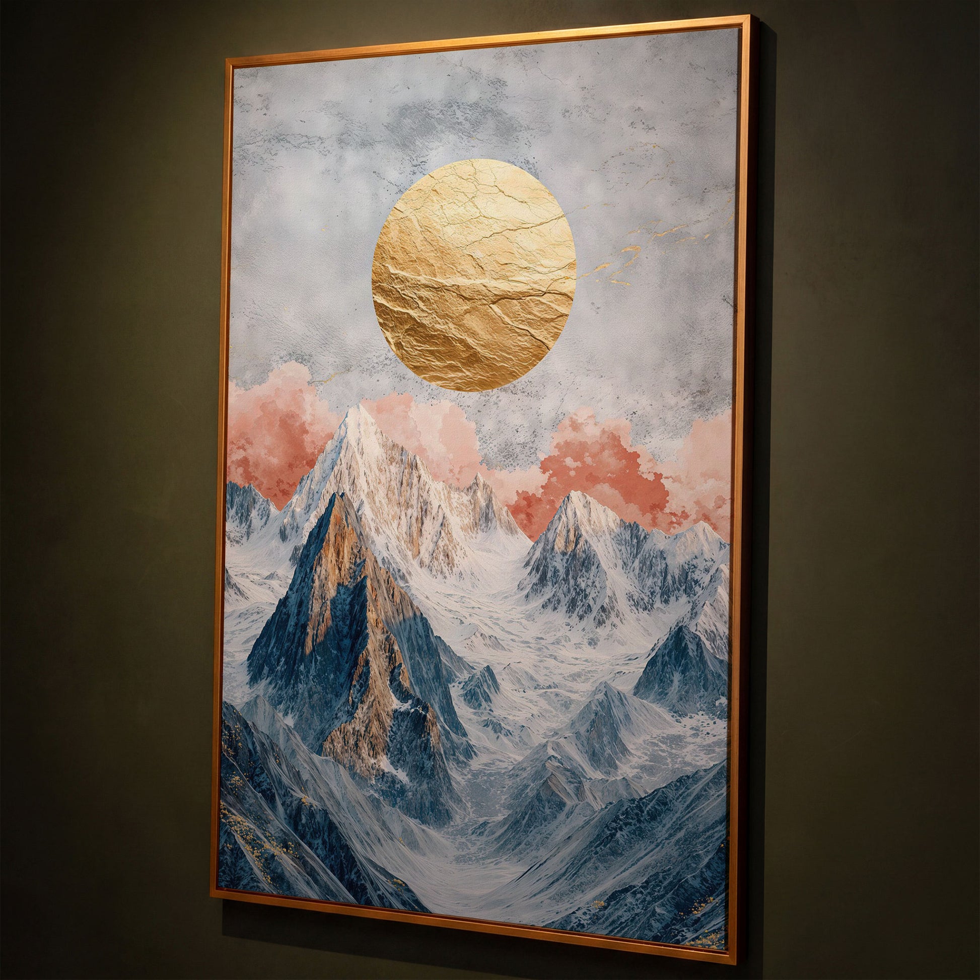 Snowy Mountains with Golden Sun Canvas shown in antique gold floating frame