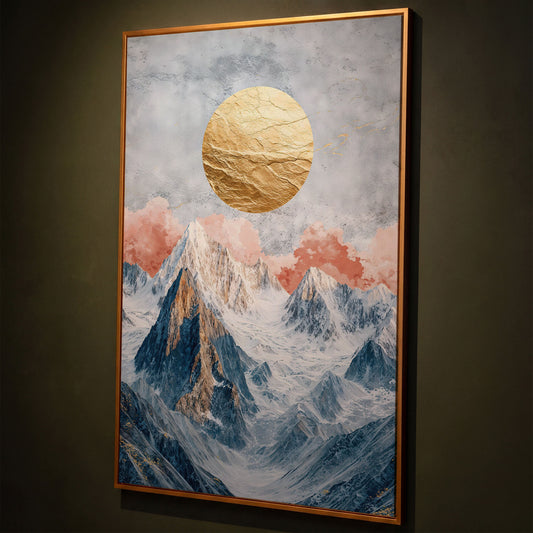 Snowy Mountains with Golden Sun Canvas shown in antique gold floating frame