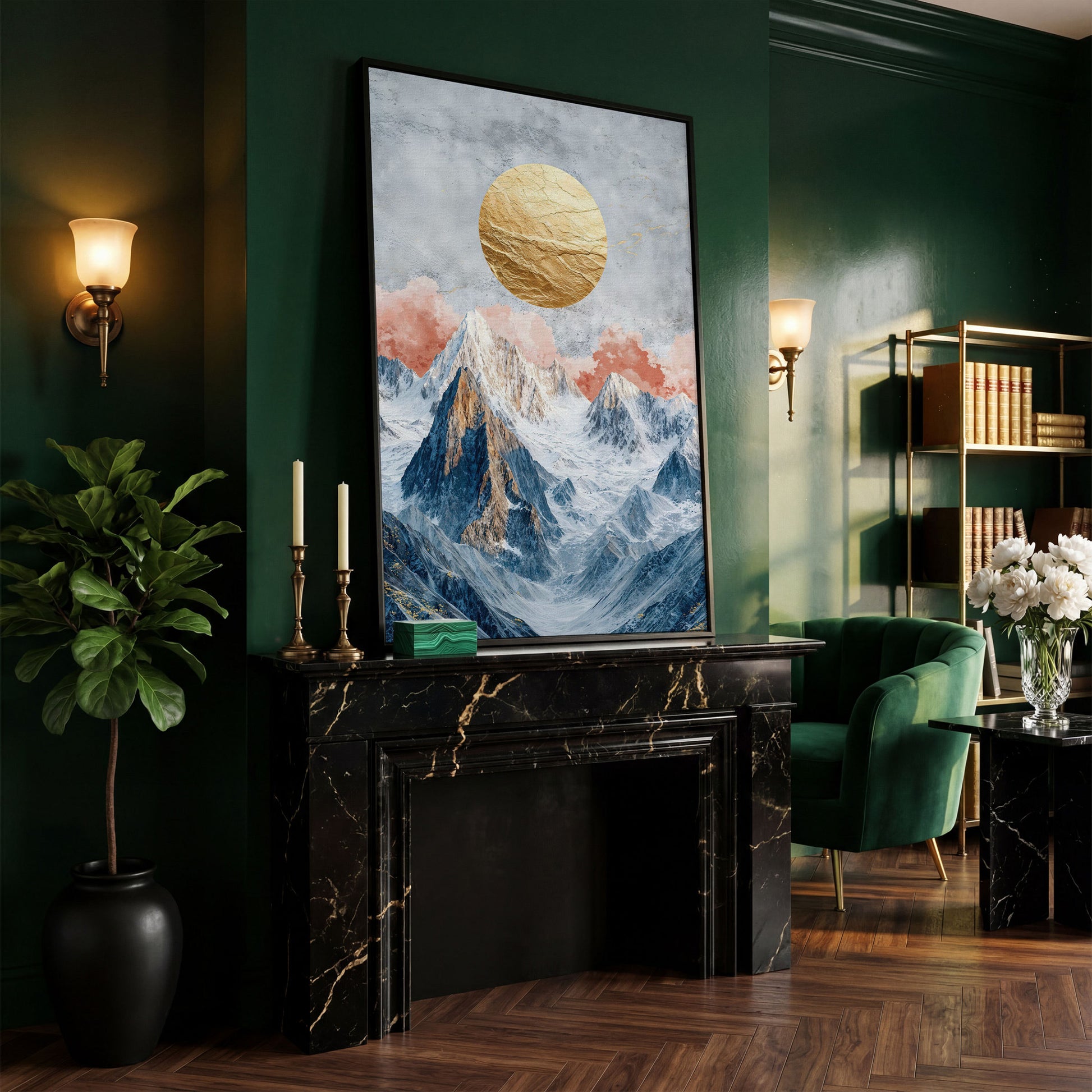Snowy Mountains with Golden Sun Canvas in black floating frame