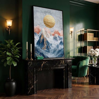 Snowy Mountains with Golden Sun Canvas in black floating frame