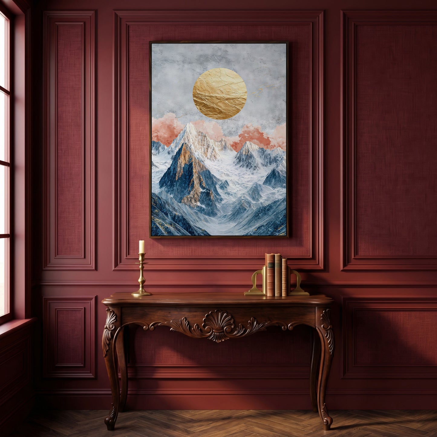 Snowy Mountains with Golden Sun Canvas in dark walnut floating frame