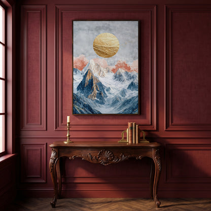 Snowy Mountains with Golden Sun Canvas in dark walnut floating frame