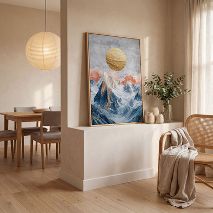 Snowy Mountains with Golden Sun Canvas in white oak floating frame