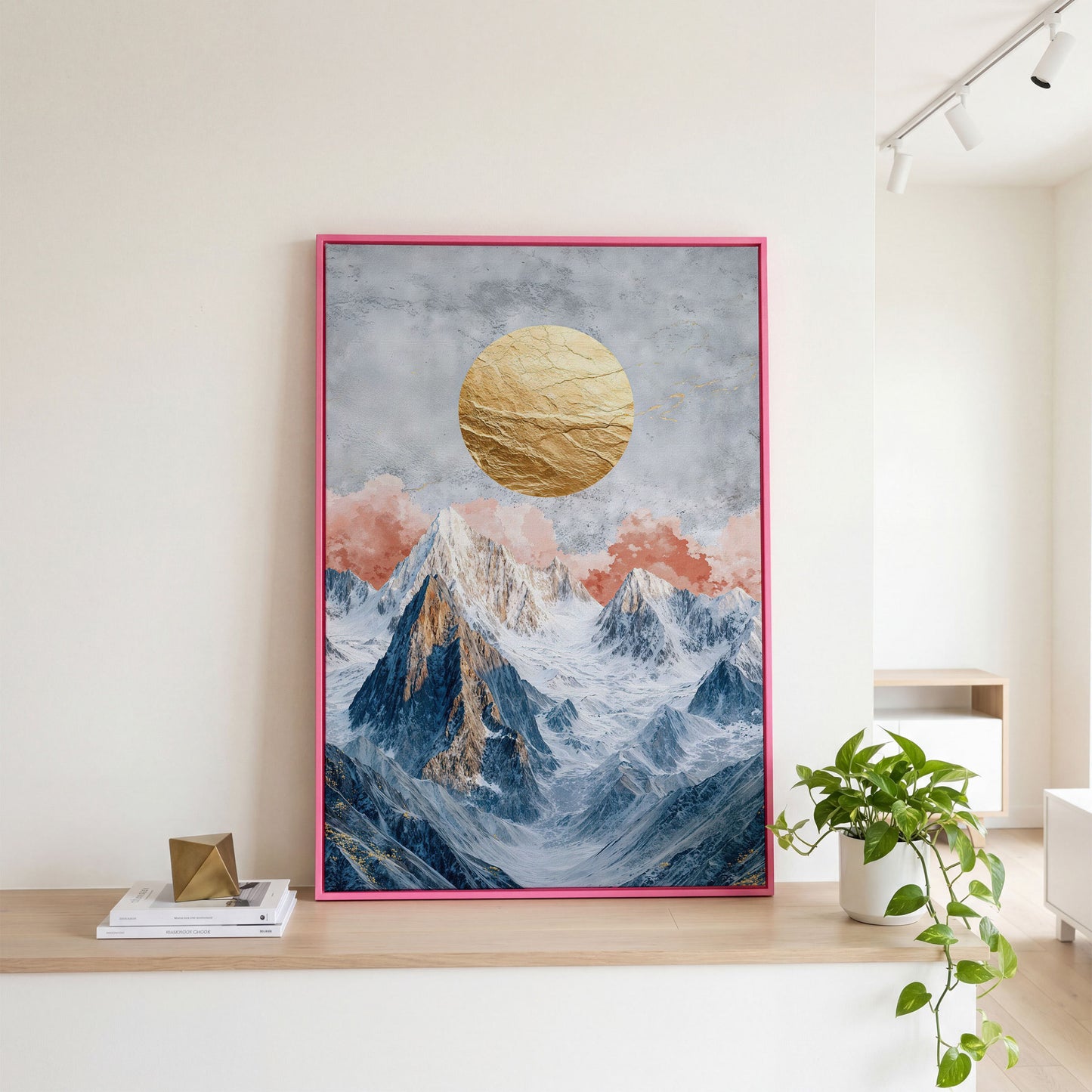 Snowy Mountains with Golden Sun Canvas in pink floating frame