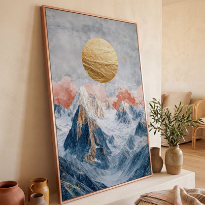 Snowy Mountains with Golden Sun Canvas in rose gold floating frame