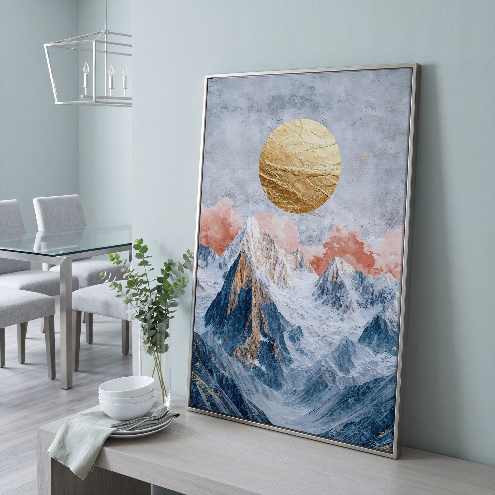 Snowy Mountains with Golden Sun Canvas in silver floating frame