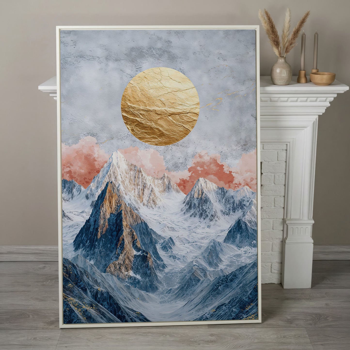 Snowy Mountains with Golden Sun Canvas in white floating frame
