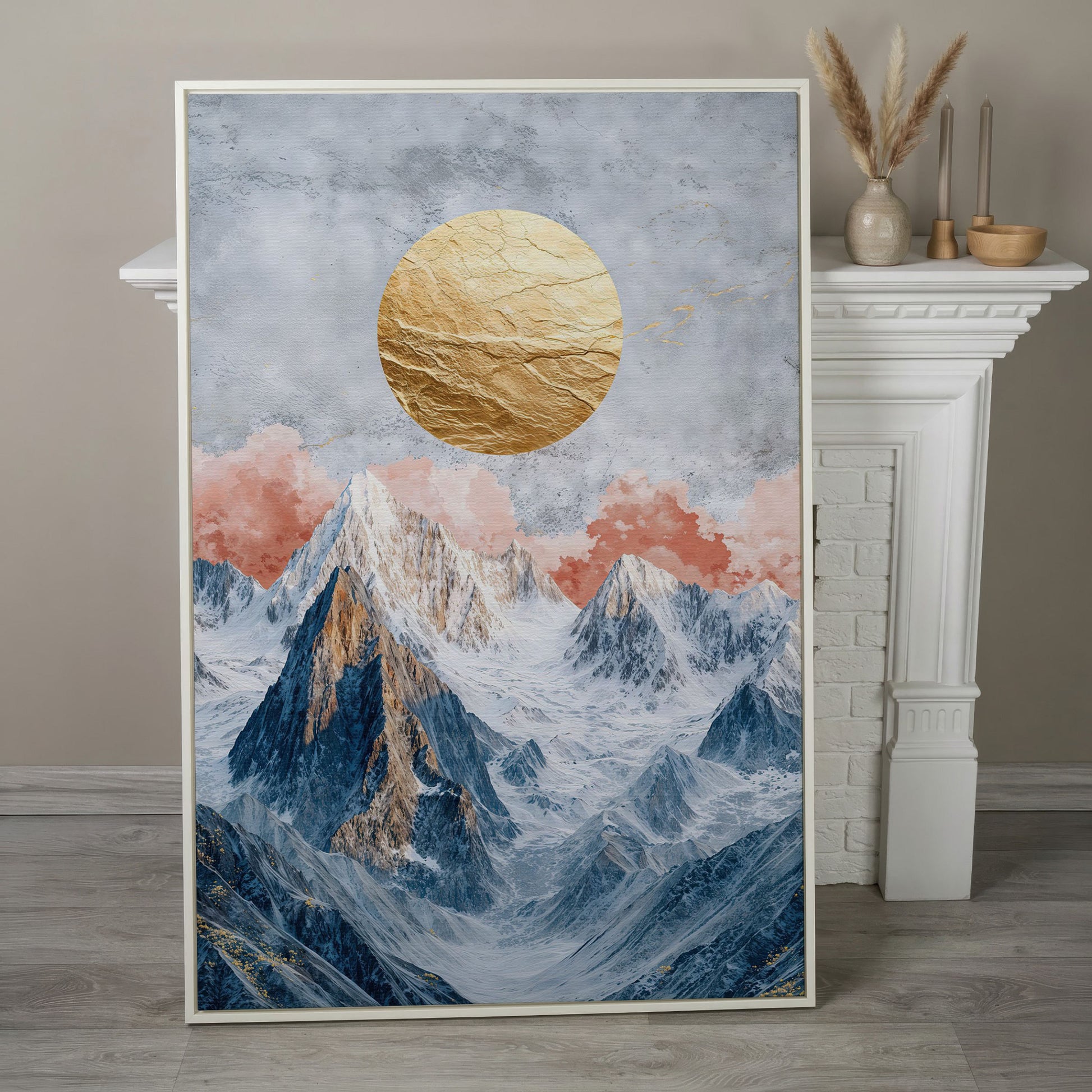 Snowy Mountains with Golden Sun Canvas in white floating frame